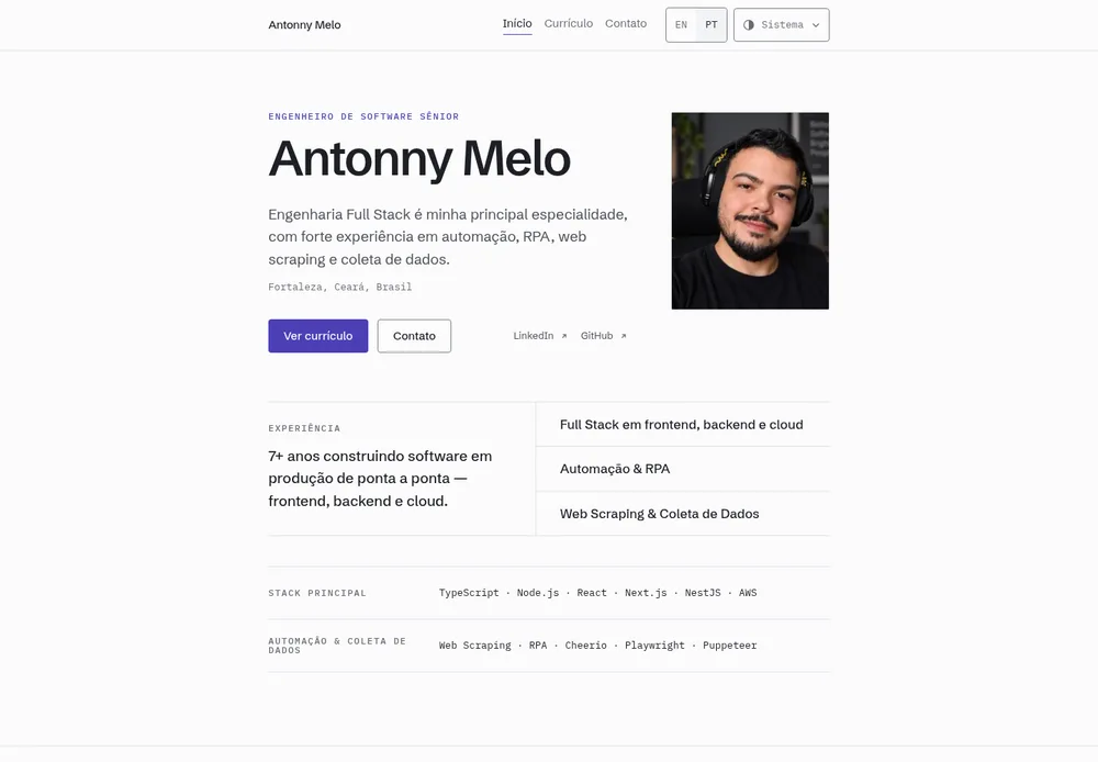 Página inicial de um site profissional, com apresentação, foto, experiência e navegação para currículo e contato.